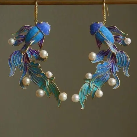 French Vintage Blue Koi Earrings, Elegant Enamel Fish Design, Unique Personality Jewelry, Perfect for Parties and Vacations, Women's Fashion Accessories, Fashion Jewelry Party, Fashionable Earrings, Stylish Jewelry