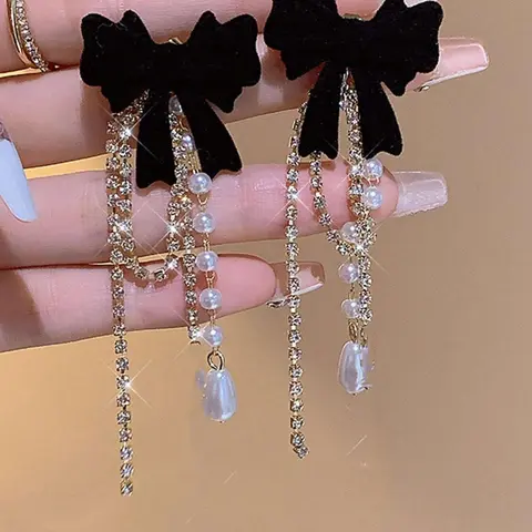 Butterfly Knot Artificial Pearl Pendant Earrings, Luxury Rhinestone Chain Fringe Earrings, Elegant Fashion Jewelry for Women