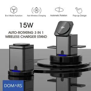 Founding of Auto-Rotating Wireless Charger, DOMARS, 15W, 3 in 1, Foldable, Multi-Device Charger, For Phone / Watch / Headphones 3-in-1
