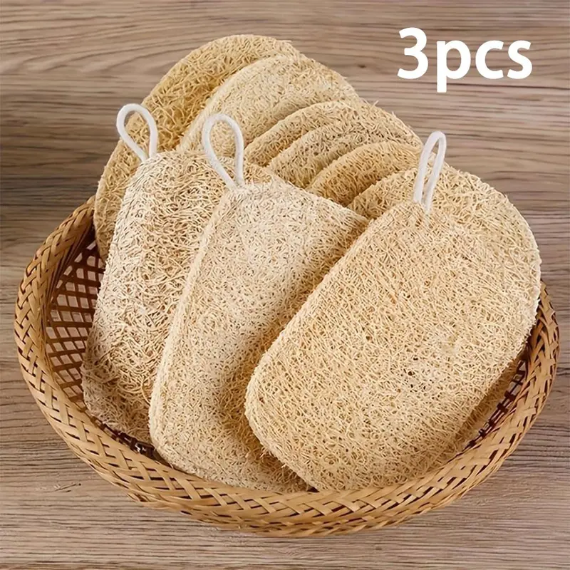 3pcs Double-Layer Natural Loofah Exfoliating Sponges for Shower & Bath - Gentle Body Scrubber Body Wash Sponge for Men And Women, Expandable Plant Fiber, Exfoliating Tool, Ideal for Kitchen/Bathroom Cleaning, African Bath Sponges
