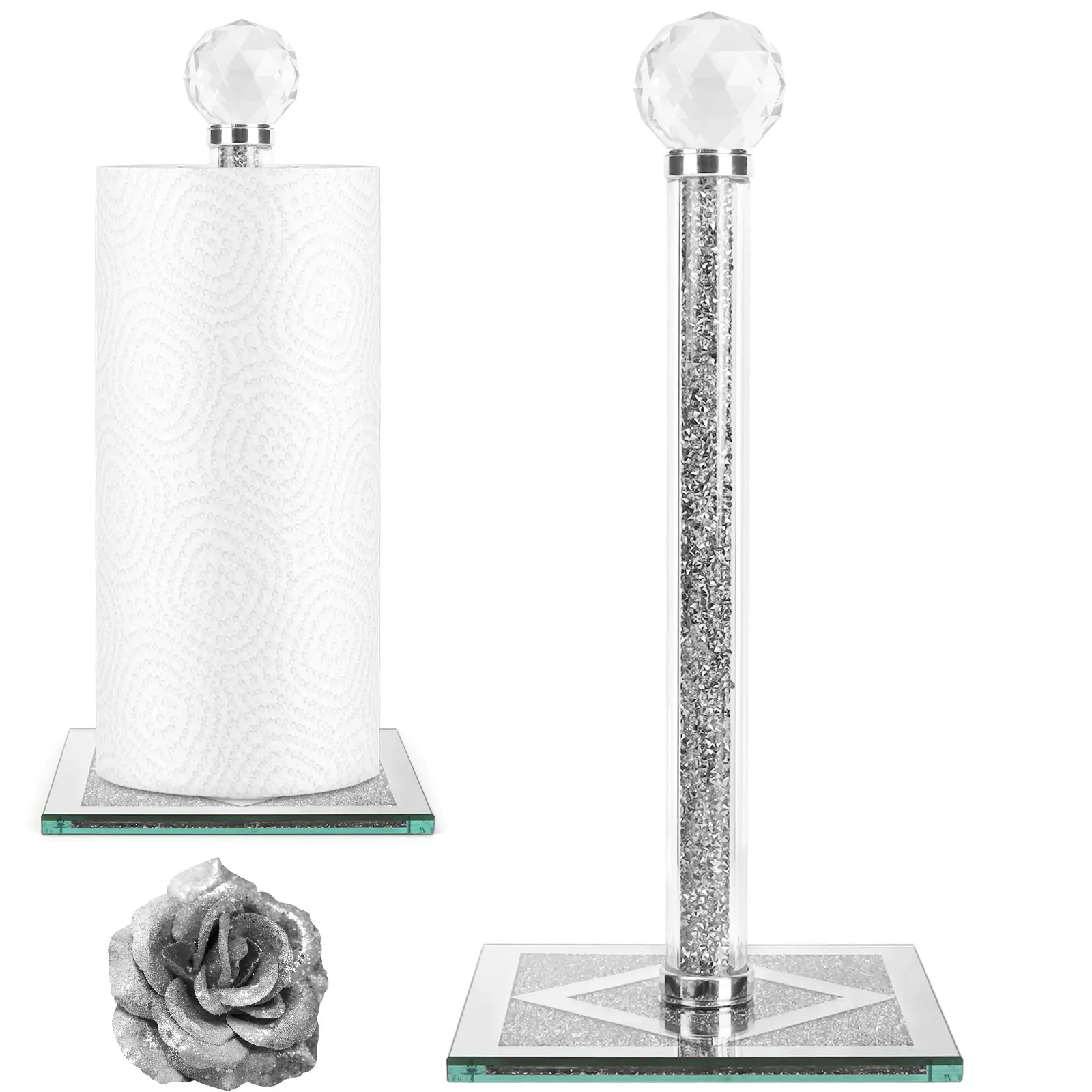 Silver Countertop Paper Towel Holder Stand - Crystal Glass Cube Base with Sparkly Crushed Crystal Decor, Durable Heavy-Weight Non-Slip Roll Dispenser, Fits Large Rolls for Kitchen Bathroom Home Supplies