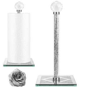 Silver Paper Towel Holder Stand, Countertop Paper Towel Roll Dispenser Holders with Cube Base, Tissue Counter Filled with Sparkly Crystal Crushed Diamond House Decor for Kitchen Bathroom, Heavy Weight