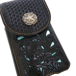 Sheriff Star Western Phone holster texas style genuine leather lasercut pattern black and teal color magnetic closure Cover Protective Screen Protector Cellphone Protection Durable Smartphone Casing
