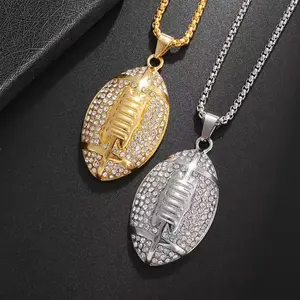 Mens Athletic Jewelry Rugby Player Gift Gold Toned Rugby Ball Pendant On Chain Hip Hop Accessories For Men Boys Sports Party Celebration Gift