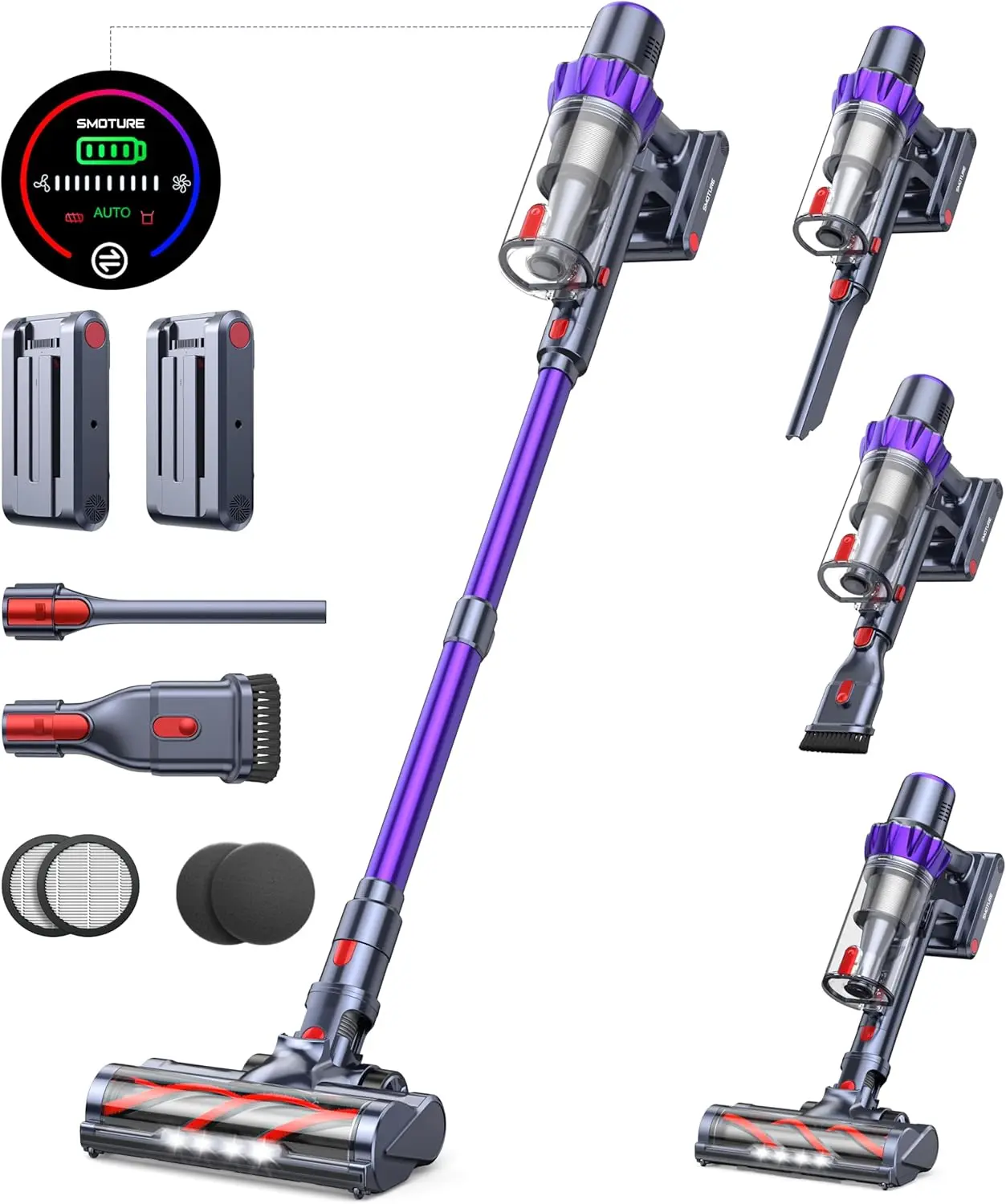 SMOTURE VC70 Cordless Vacuum Cleaner, 2 Batteries 110 Mins Runtime Vacuum Cleaners for Home, 45KPA 550W Stick Vacuum with Brushless Motor, Automatically Adjust Suction, Handheld Vacuum for Pet Hair/Carpet/Floor