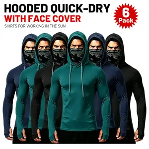 3/5/6 Pack Unisex Athletic Sun Hoodie With Built-in Face Mask, UPF50 Sun Protection Quick Dry Stretch Long Sleeve Hooded Shirts, Lightweight UV Shirts For Fishing Cycling Work Gardening Soccer Running