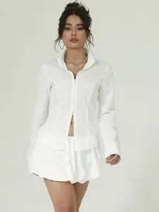 Deep V Neck Collar and Zip Up Detail Long Sleeve Casual Fit Top Womenswear Shirts Blouse TOP ONLY