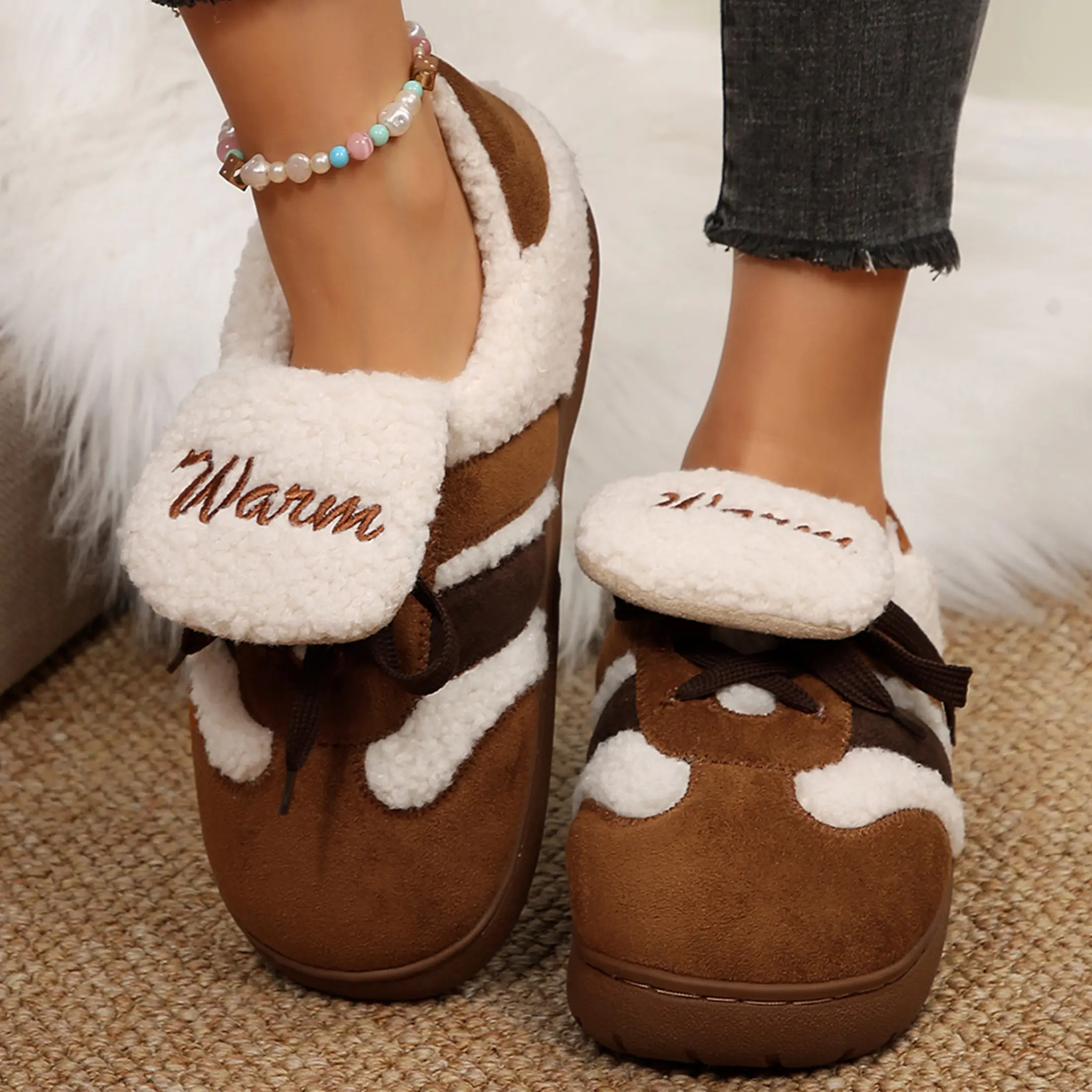 Plush Sneakers for Women Lace-Up Warm Shoes with Flap Detail, Perfect for Cold Days