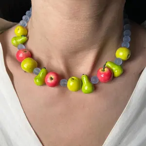 Dopamine Cute Hand-painted Fruit Bead Choker, Clear Crystal Spacer Bead Stackable Neck Jewelry for Girls, Casual Vacation Fashion Accessory