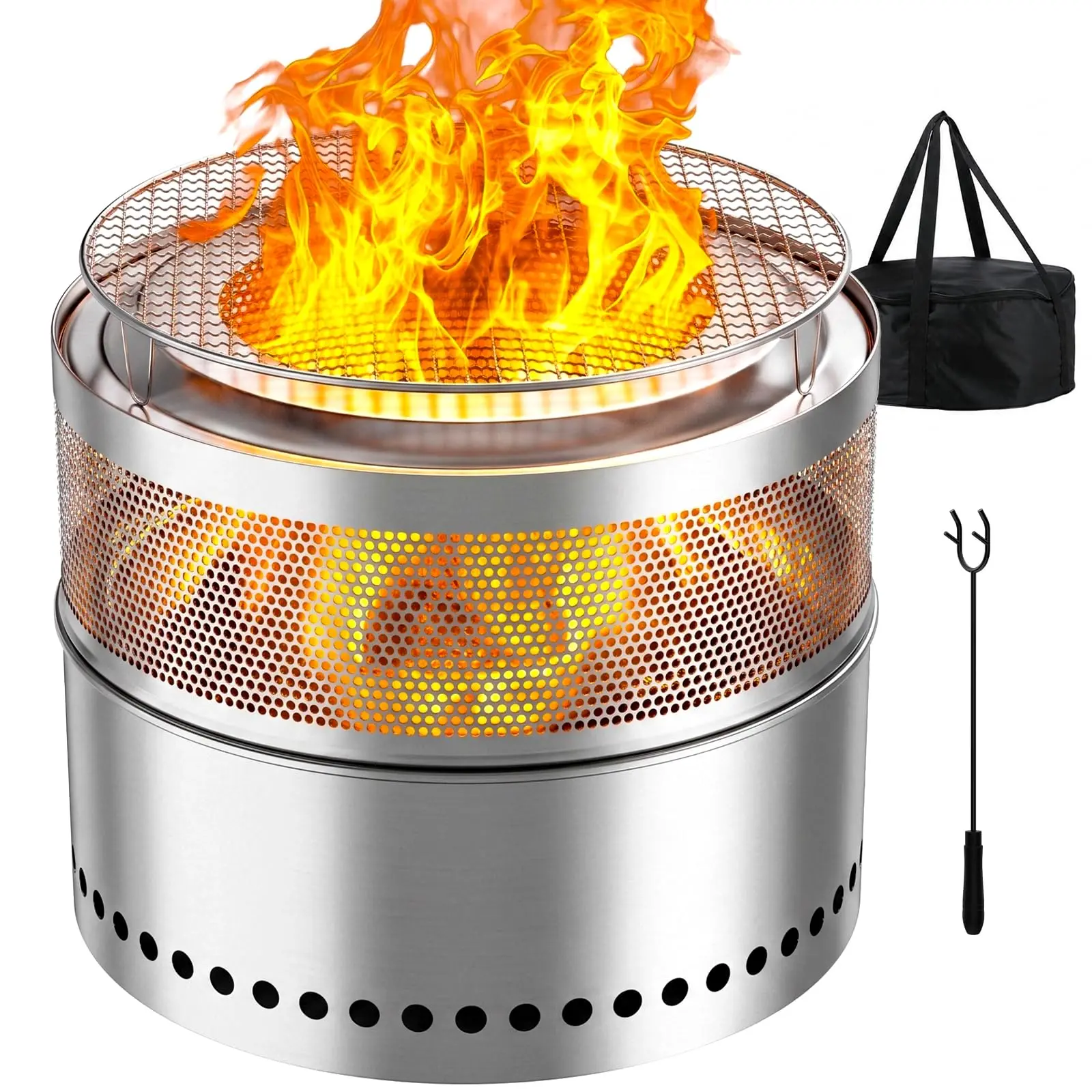 LIFERUN 19.7" Stainless Steel Smokeless Wood Burning Fire Pit, Includes Grill Grate & Fire Poker, With Carry Bag for Outdoor Firepit Gathering & Backyard Use, Fits 3-6 People