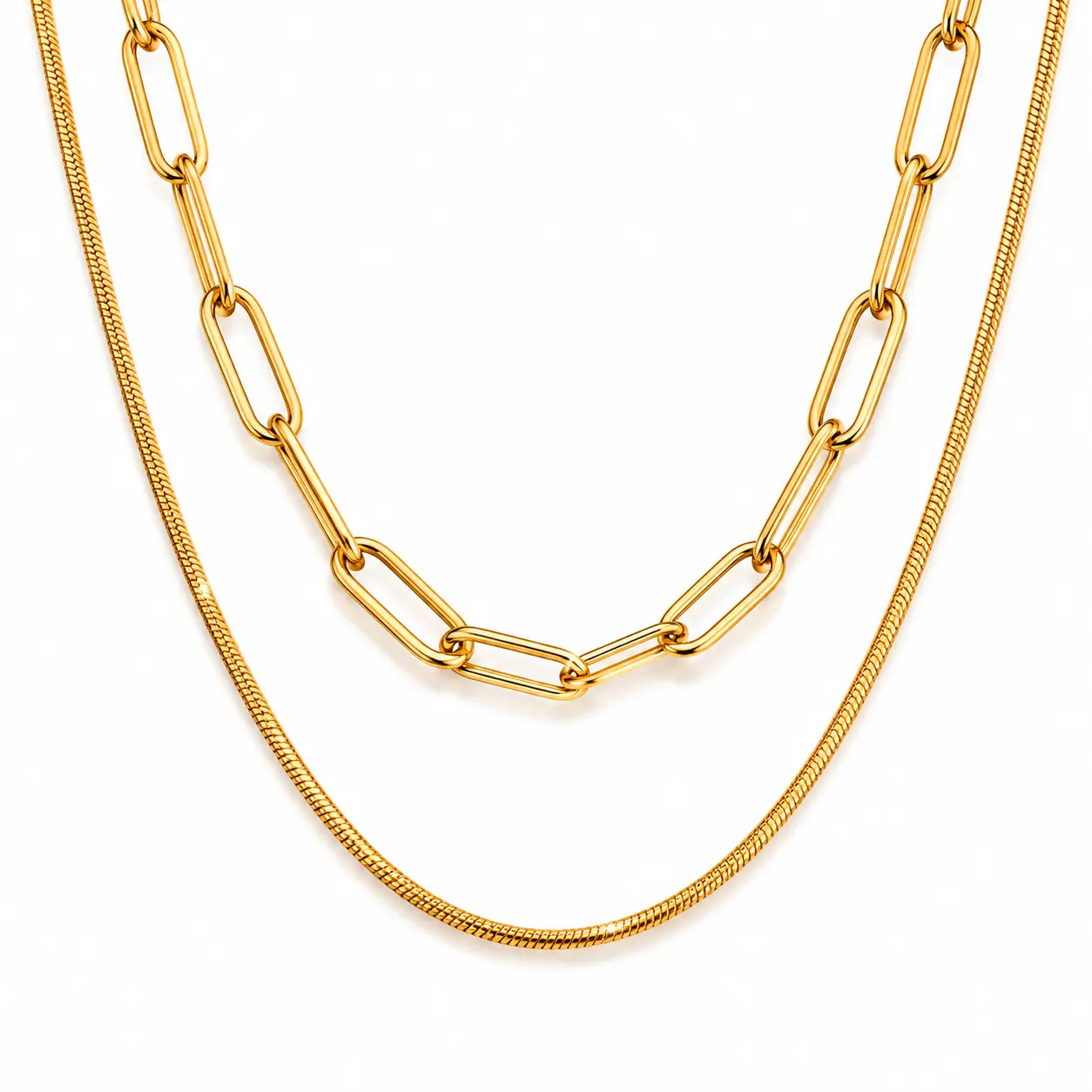 Women's Double Layer Paper Clip Pendant Capri Necklace - Waterproof, Non-Tarnish Gold Metal Coating Stainless Steel Necklace Chain, Daily Female Layering Costume Jewelry