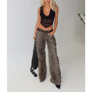 Women's Tiger Striped Denim Pants Fashionable Casual Low Waisted Wide Leg Jeans with Pockets
