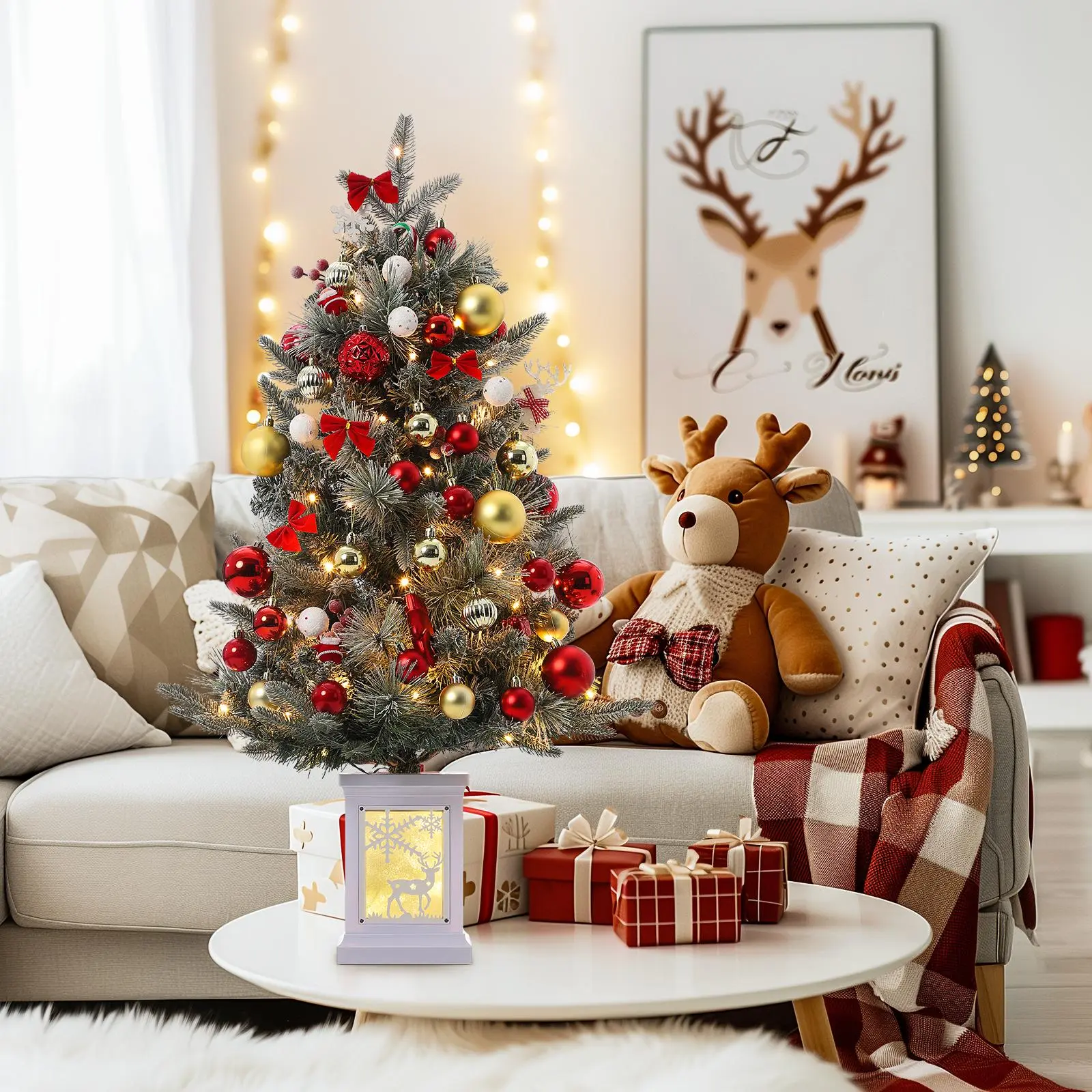 3FT PVC Pre-Lit Artificial Christmas Tree with 78 Warm Lights, Red Berries, and Elk Light Box Base, 1-Pack Pre-Lit Tree for Home, Office Christmas Decorations, Artificial Tree, Lighted, Pvc Pine