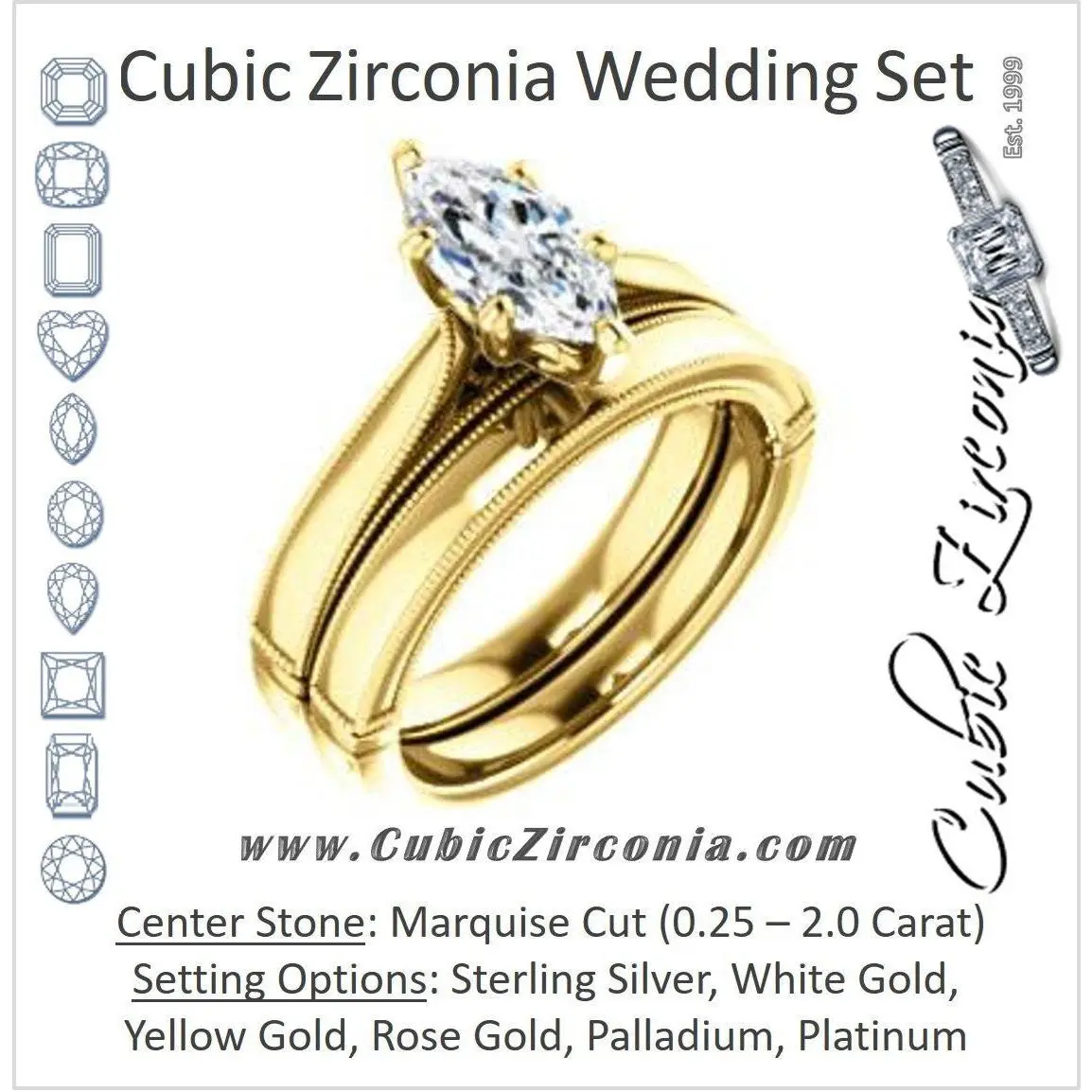 CZ Wedding Set, featuring The Britney engagement ring (Customizable Marquise Cut Decorative-Pronged Cathedral Solitaire with Fine Milgrain Band)