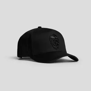 Black 5-Panel Skull Hat for Training, 100% Cotton with Embossed Buckle and Flexible Strap