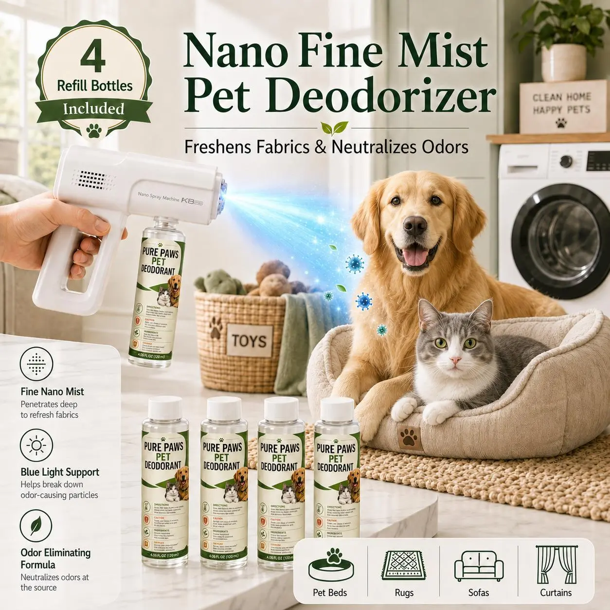 Nano Blue Light Probiotic Deodorizer, indoor odor removal, pet deodorant. Bio-enzymes break down urine, disinfect arhd deodorize, Plant-extracted, safe and non-toxic for pets, Floral scent Air Freshener Spray