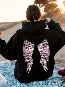 Women's Angel Wings Print Drop Shoulder Hoodie, Fashion Casual Drawstring Pocket Hooded Sweatshirt for Daily Holiday Outdoor Wear, Women Clothing for Fall & Winter