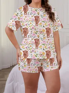 Women's Sleepwear Loungewear Pajama Set, Loose Fit Short Sleeve Round Neck Top & Elastic Shorts Print, All-Season Comfortable Home Wear