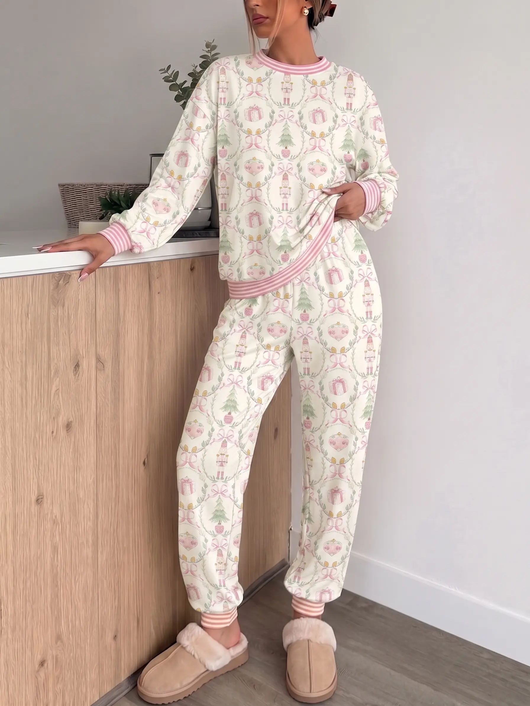 Christmas Nutcracker Set , Striped Ribbed Top, Matching Bottoms, Festive Print, Cozy Holiday Sleepwear OOTD