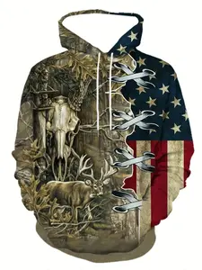 Men's deer and American flag print hooded sweater, fashionable and casual, suitable for autumn and winter, men's clothing