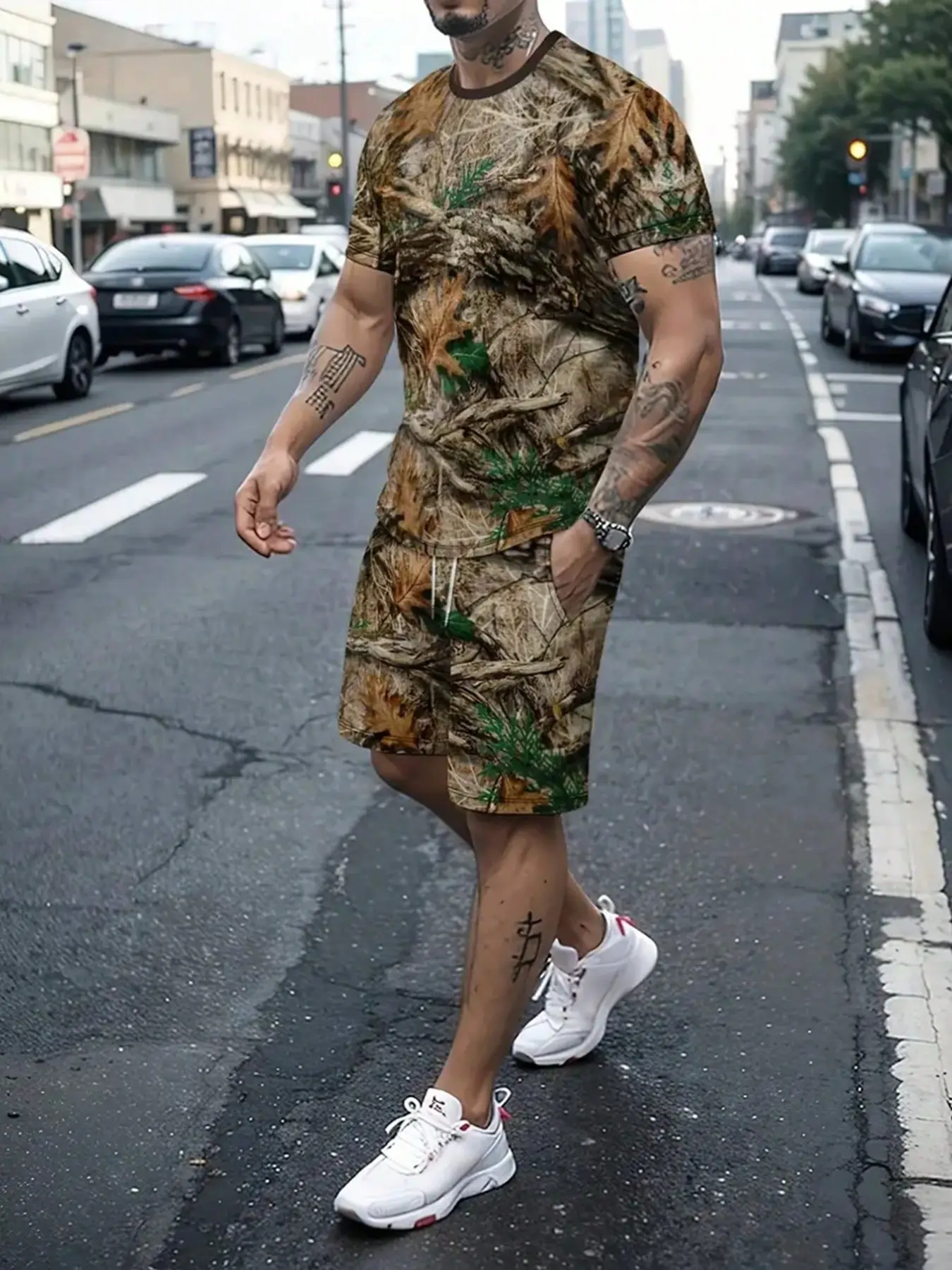 Men's Forest Camouflage Print T-Shirt and Shorts Set, Clothes, Menswear, Outfit, Hunting Outdoor Style, Casual Sports, Daily Wear, Loose-Fitting, All Seasons