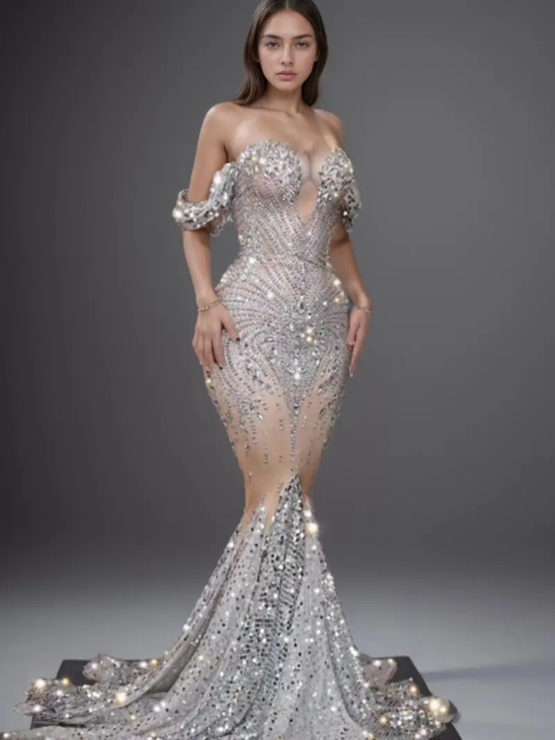 Elegant Fishnet Off-Shoulder Wedding Dress Women Maxi Womenswear Bride Festival Style Underwear Lady