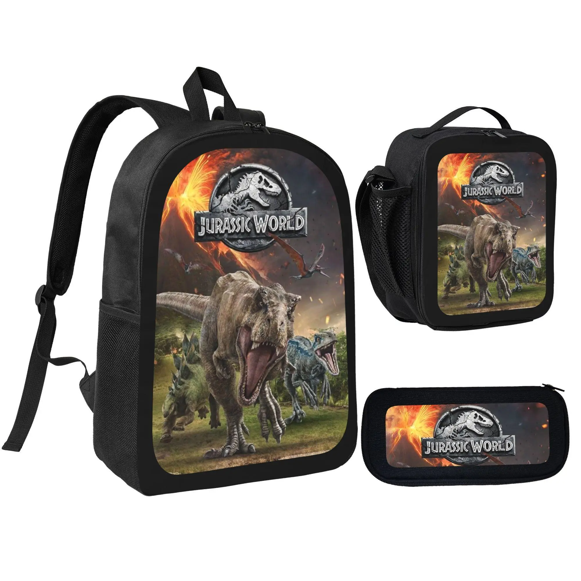 Kids' 3Pcs Polyester Jurassic World Dinosaur Print Backpack Set, Including Lunch Bag & Pencil Pouch, School Bags for Students