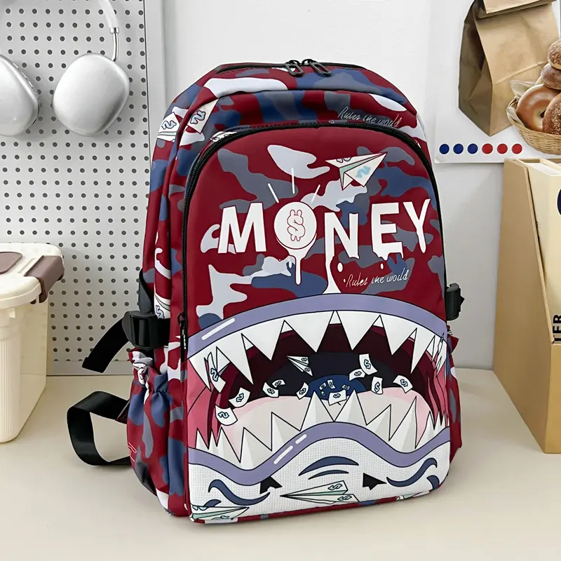 Streetwear Shark Graphic Casual Backpack - Camouflage Print, Large-Capacity Rucksack for School & Daily Commute