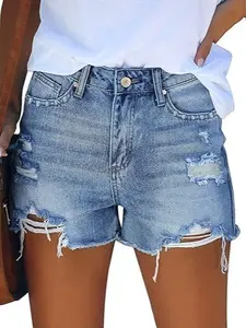 Women's High-Waisted Stretchy Distressed Ripped Denim Shorts - Fitted, Comfortable Fabric, Basic 1-Piece Casual Day Summer Women's Bottoms,summervibes