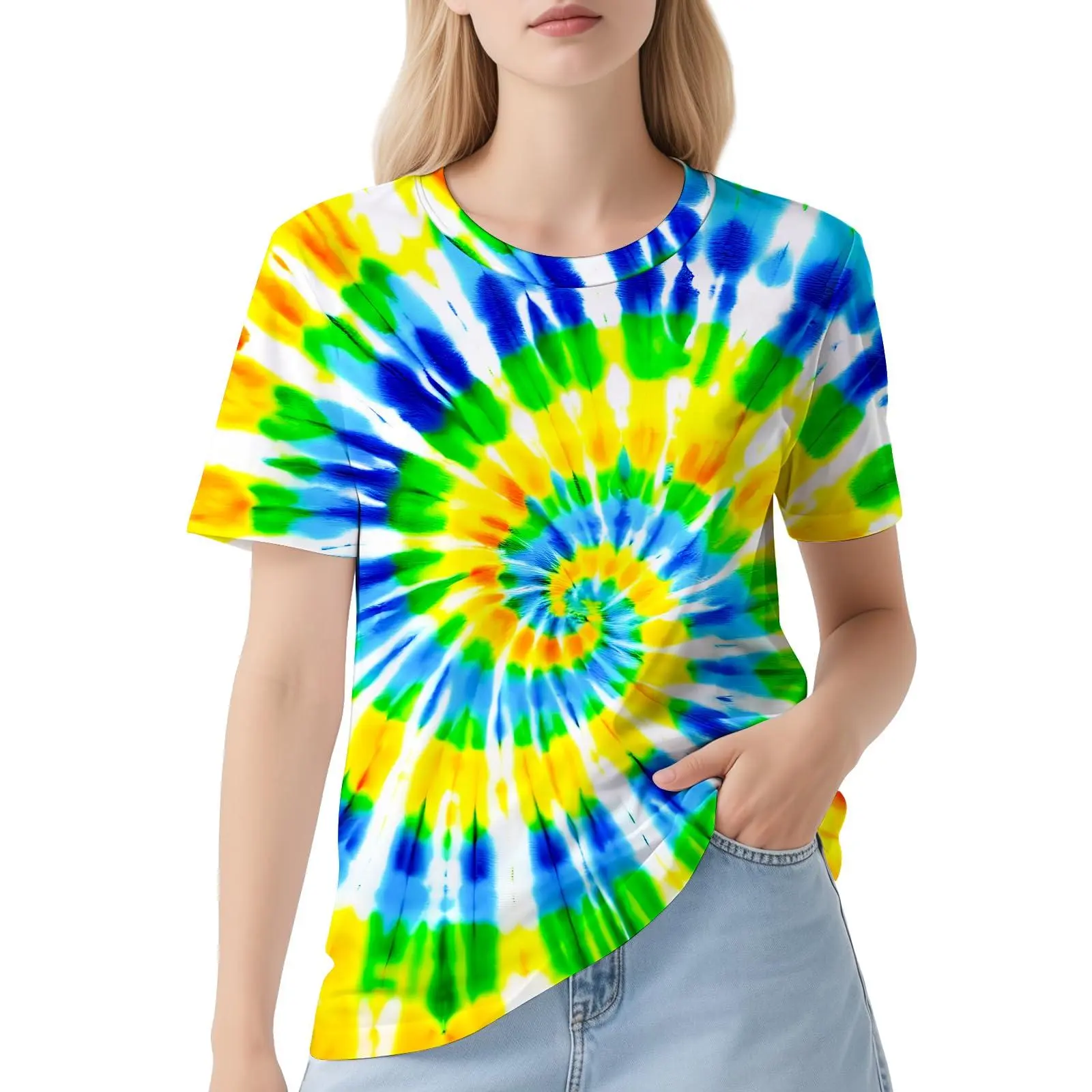 Unisex Shortsleeve Tshirt with a Colorful Style Spiral Tie-Dye Print, Casual Streetwear Top with Vivid Details, Full Body, Printed, Daily Wear, Round Neck, Relaxed Cut, Women, Full Print