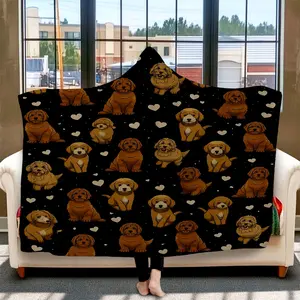 1pc Goldendoodle Dog Pattern Hooded Blanket Wearable Flannel Oversized Comfy Poncho for Adults Teens, Super Soft Warm Cloak for Lounging Gaming Watching TV Reading Camping Napping, Flannel Throw Blanket