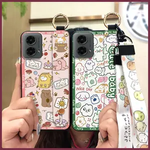 Durable Silicone Phone Case For MOTO G 5G 2024 Phone Holder Shockproof Fashion Design Anti-knock protective Cartoon ring Waterproof Wrist Strap Back Cover Kickstand Lanyard Cute