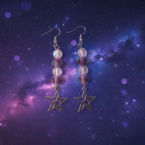Stunning Purple and Iridescent Glass Beaded Star Charm Dangle Earrings with Silver Star Charms Hook Earrings for Any Occasion