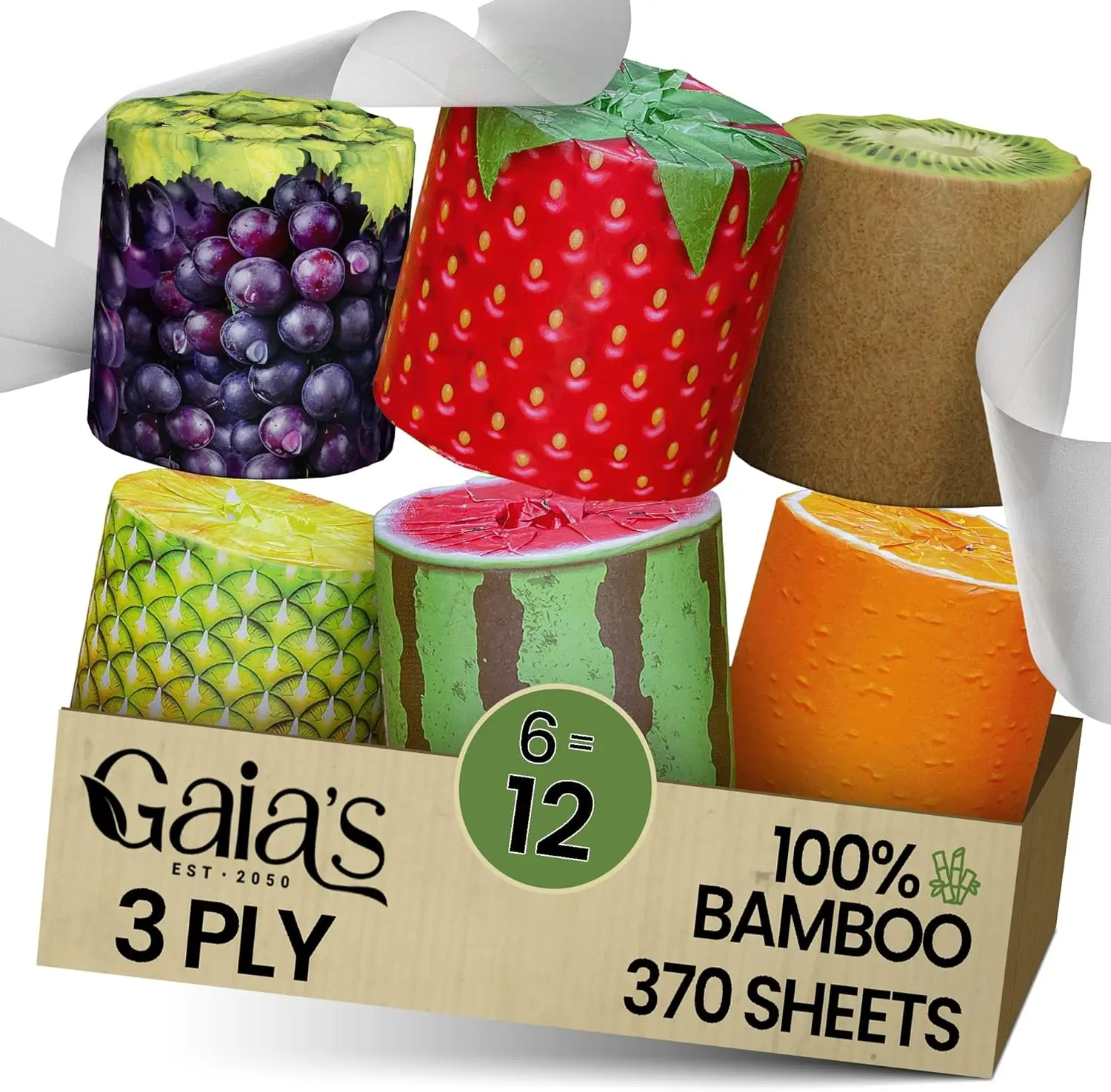 Gaias Premium and Soft FruiTP Organic Bamboo Toilet Paper | 6 Mega Rolls, 3 Ply, 370 Sheets | FSC Certified, PFAS & BPA Free, Eco-Friendly, Sustainable Tissue - Plastic Free Packaging, Septic Safe