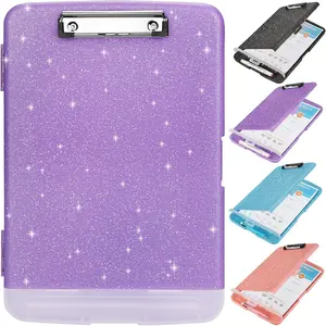 Glitter Clipboard with Storage,Storage Clipboard with Pen Holder,A4 Binder Clip Boards 8.5x11 with Low Profile Clip,Side Opening Sparkle Clipboards, Clipboards Folder for Office Supplies-Pale