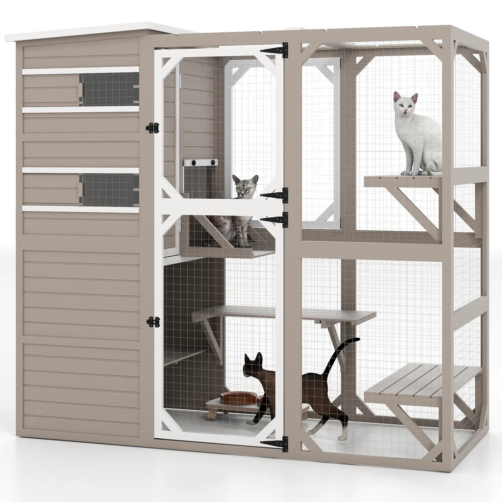 Petscosset Freestanding Wooden Cat Patio Catio, Combined Private Shelter & Open Play Area, Multiple Elevated Resting Platforms, Transparent Sunlight Panels, Sliding View Windows, Sturdy Wood Frame, Indoor Outdoor Large Cat Cage for Multi-Cat Families