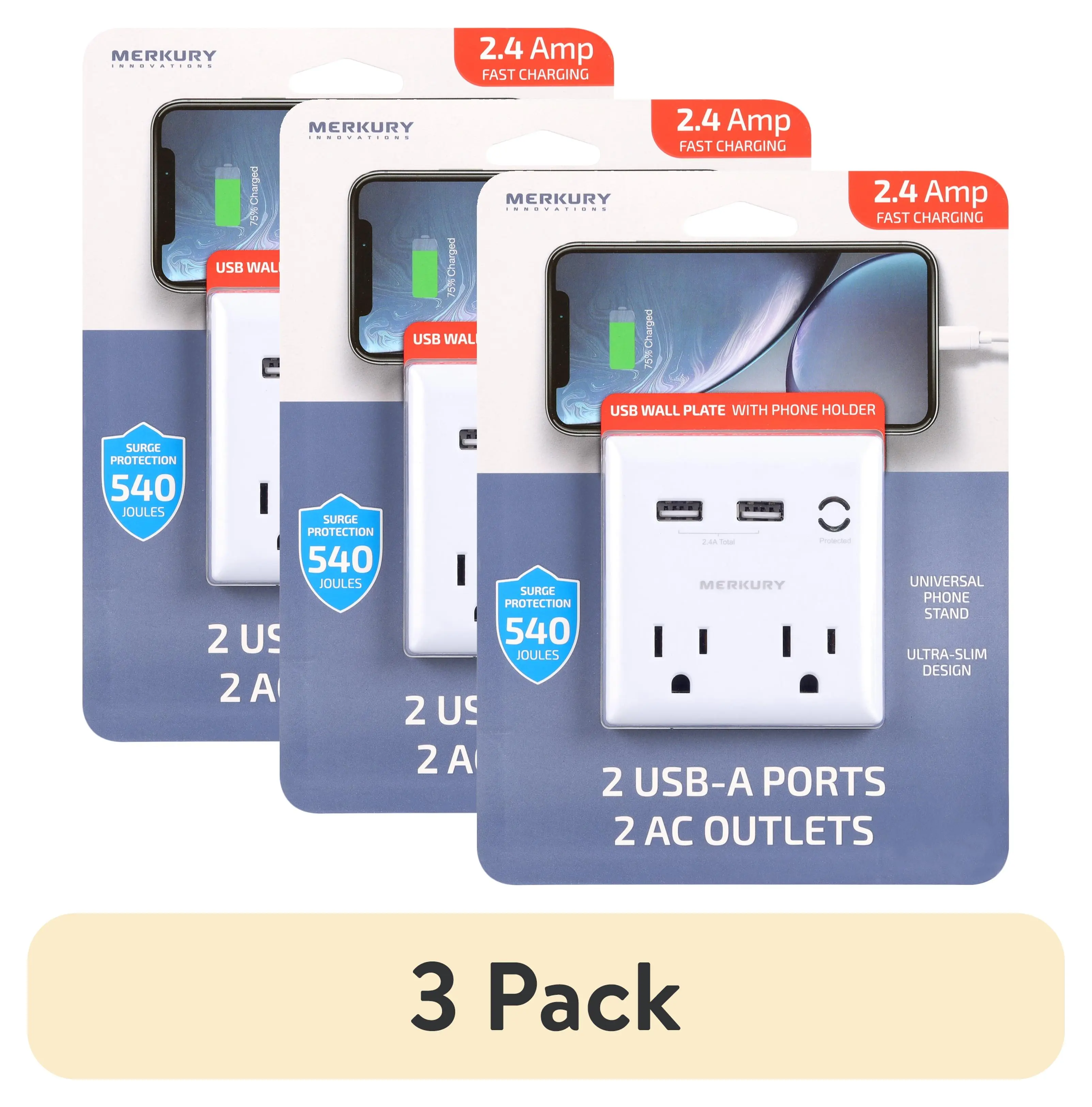 (3 pack) Merkury Innovations 2.4 Amp Wall Charger, 2 Outlets with 2 USB Charging Ports and Phone Stand, White
