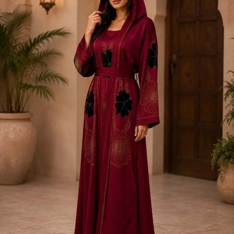 #3 Women's Dubai Luxury Open Abaya Set, 1-Piece with Matching Belt and Hijab