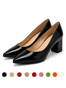 Women's Pointed Toe Patent Leather Block Heel Pumps Classic Elegant Office Siren French Vintage Slip-On Dress Shoes for Work & Party