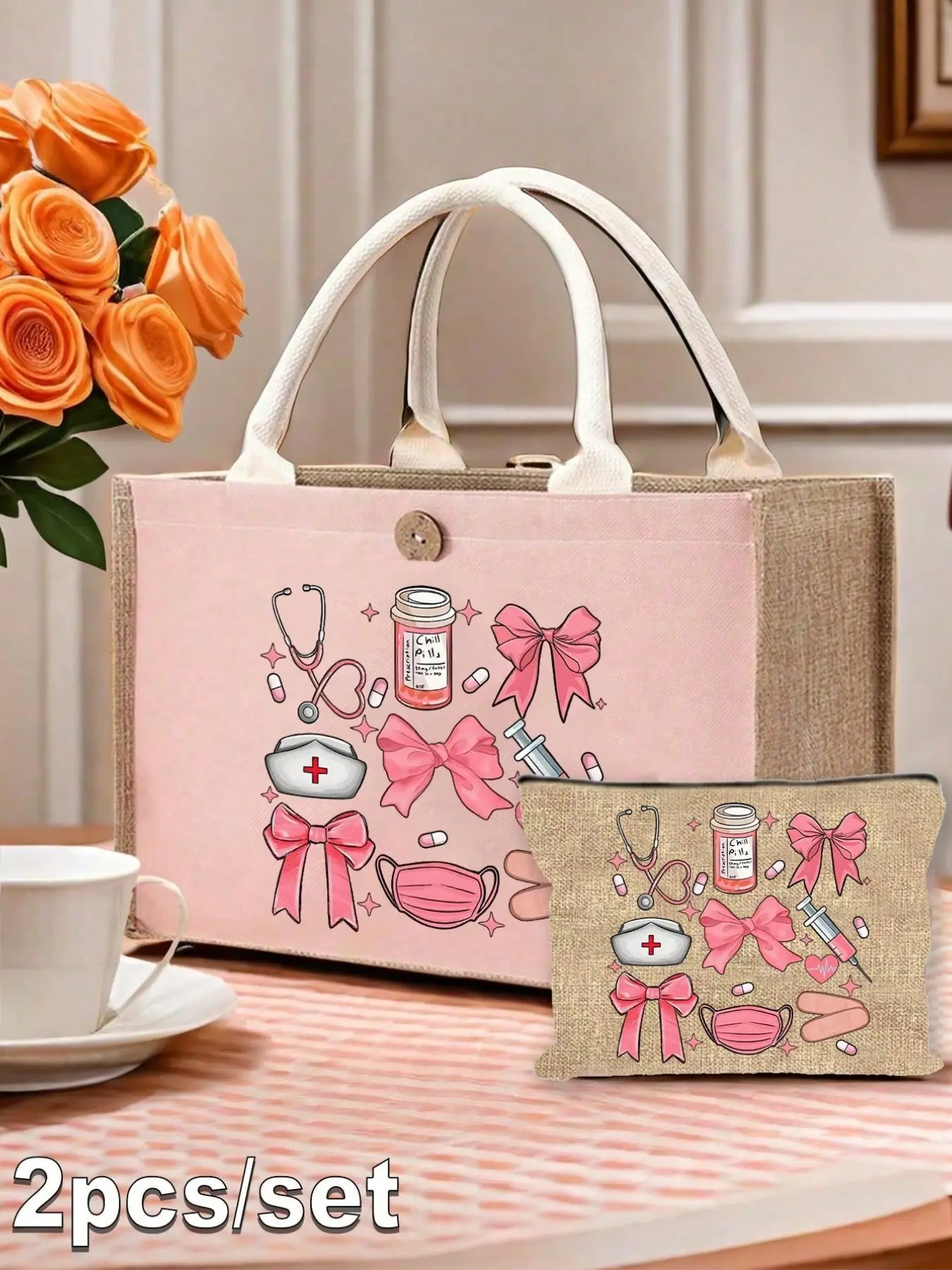 Nurse-themed pink tote bag and makeup bag set, casual style, fabric material, printed with stethoscope, syringe, bow, and pill patterns, spacious handbag, suitable for daily work, storing medical supplies, and travel