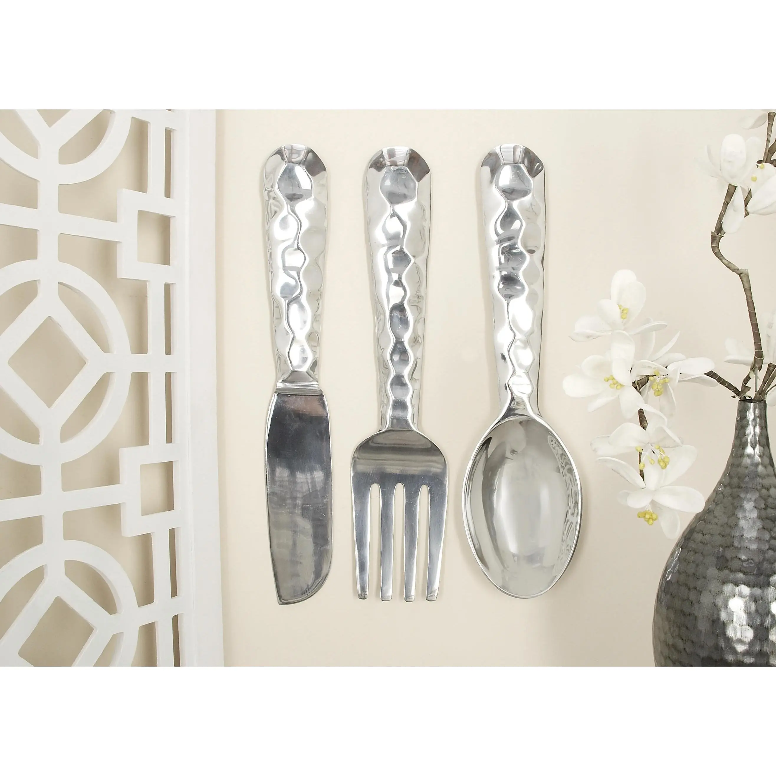 Silver Aluminum Metal Utensils Hammered Knife, Spoon and Fork Home Wall Decor, Set of 3 6"W, 23"H