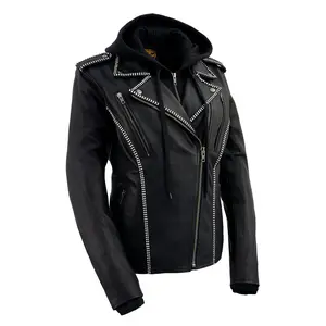 Milwaukee Leather Women's Premium Leather Motorcycle Riding Jacket With Removable Hoodie Liner