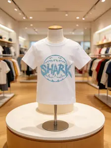 Boys' Fashion Casual Cartoon Shark Print T-Shirt, Short Sleeve Fitted Tee, Daily Wear, Party, Outdoors, All Seasons, Ages 8 and Below