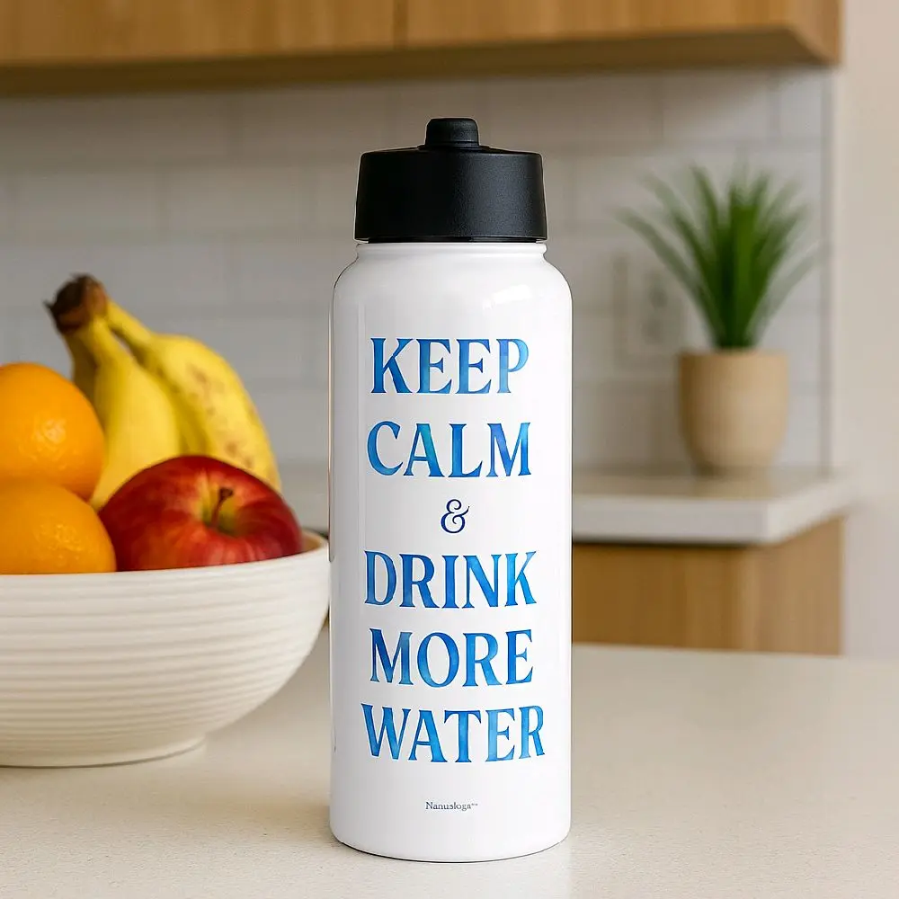 Keep Calm & Drink More Water 32 oz Insulated Stainless Steel Water Bottle with Wide Mouth Foldable Straw Lid Glossy Finish Vacuum Insulation Drinkware Flasks