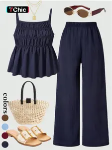 Two-Piece Set Women's Solid Color Cami Top & Wide Leg Pants Set, Street Fashion Casual Outfits for Daily Outdoor Wear, Ladies Clothes for All Seasons