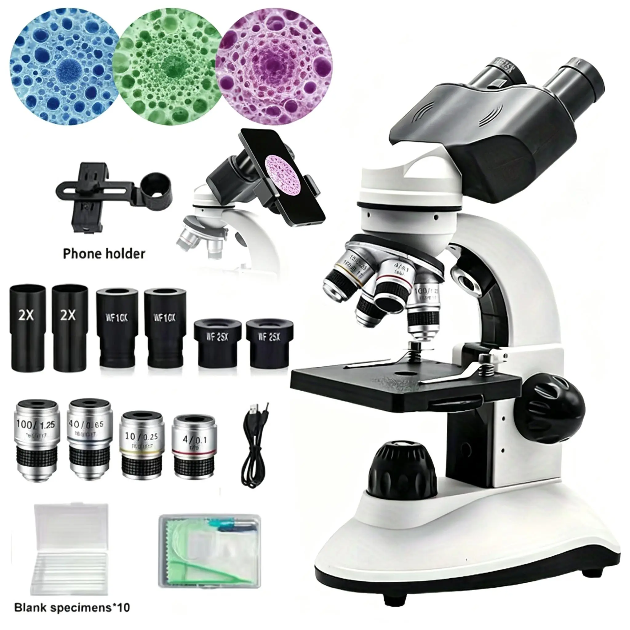 Professional Compound Microscope XSP-66 - 640X Magnification, Dual LEDs Illumination, Phone Adapter, Spoons, Tweezers, Cleaning Cloth, 10x Blank Specimen Slides, 300mm(h)x170mm(w)x135mm(d), Designed for Portability, for Laboratory & Home Use