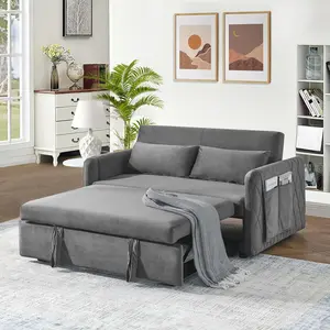 3 in 1 Convertible Sleeper Sofa Couch with Pull Out Bed,55" Modern Velvet Sofa Bed with Ajustable Backrest & Side Pocket,Tufted Loveseat Chaise Lounge for Livingroom,Office,Small Palces(Grey)