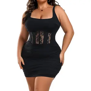 Women’s Plus Size Sexy Ruched Bodycon Dress Sleeveless Square Neck Club Party Dresses