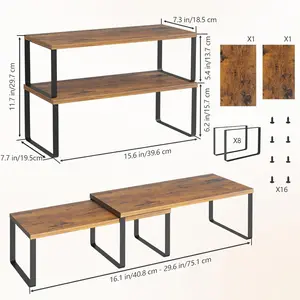 2-Pack Stackable Cabinet Shelf Organizer | Expandable Kitchen Pantry Spice Rack for Counter,Cupboard Storage | Black/Brown