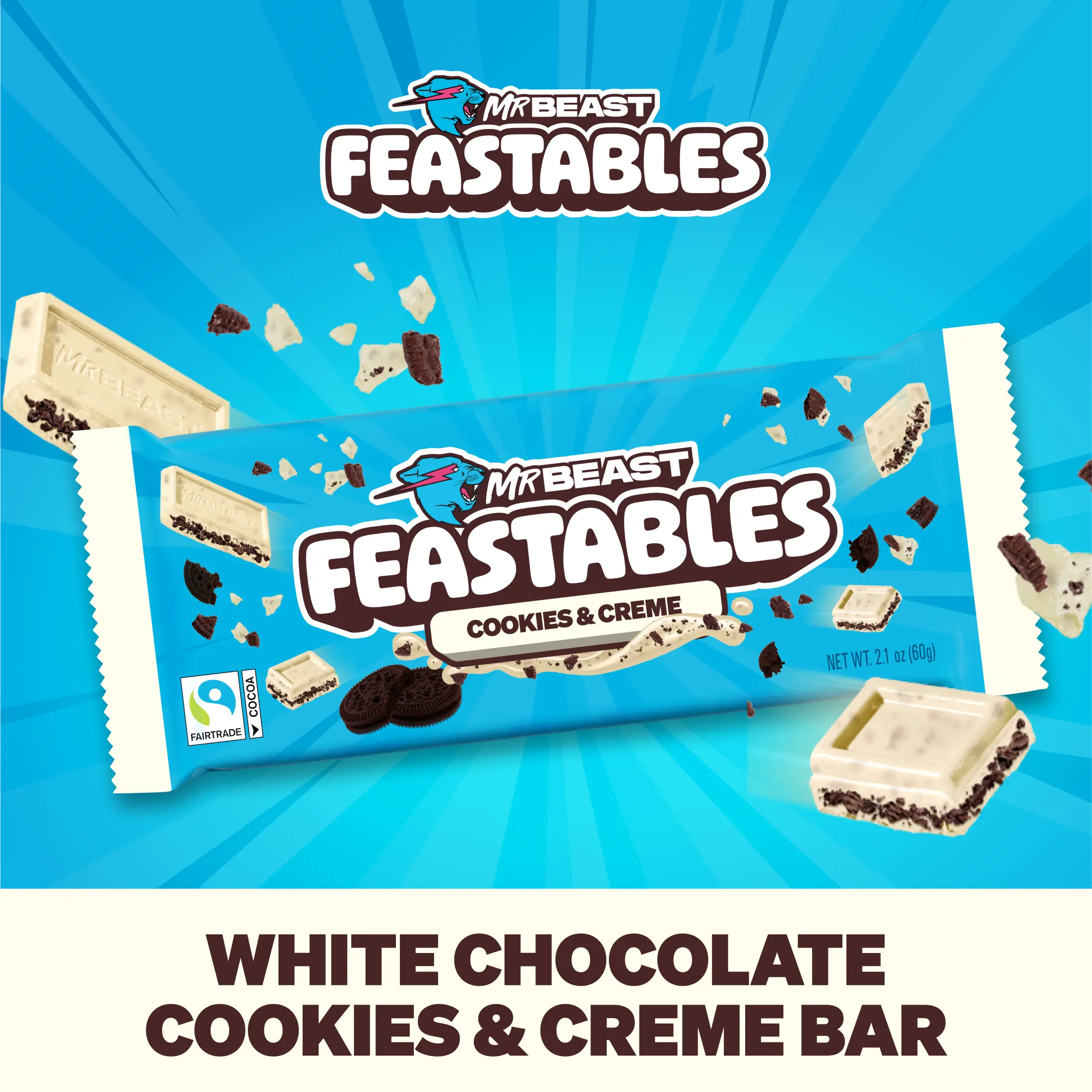 Feastables by MrBeast - Cookies & Creme Bars - for Adults & Kids, Chocolate, Candy, Cocoa Sweet & Crunchy Snack, Fairtrade Certified, Kosher, Perfect for Gifting or Snacking